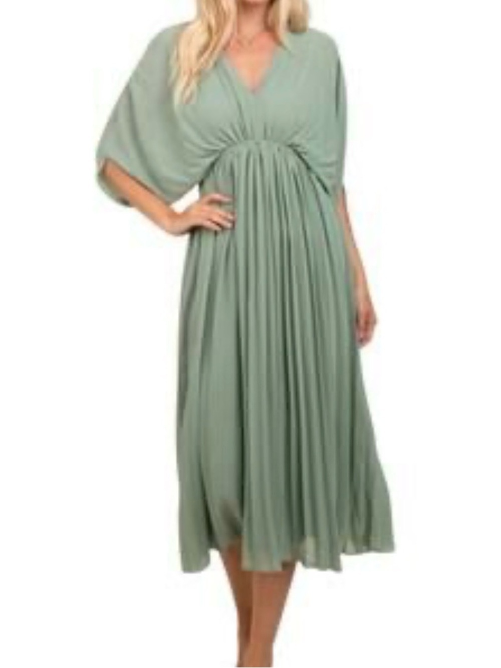 Dress Day Sage Green Pleated Midi Dress | Dolman Sleeve V-Neck | Size Medium